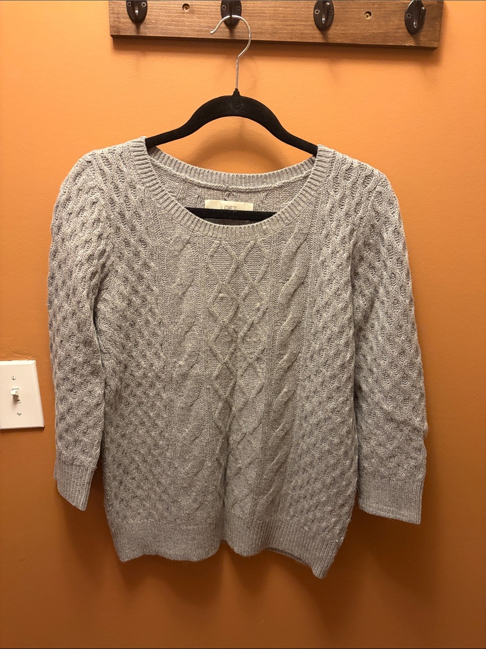 LOFT Heather Gray Cable Crewneck Sweater